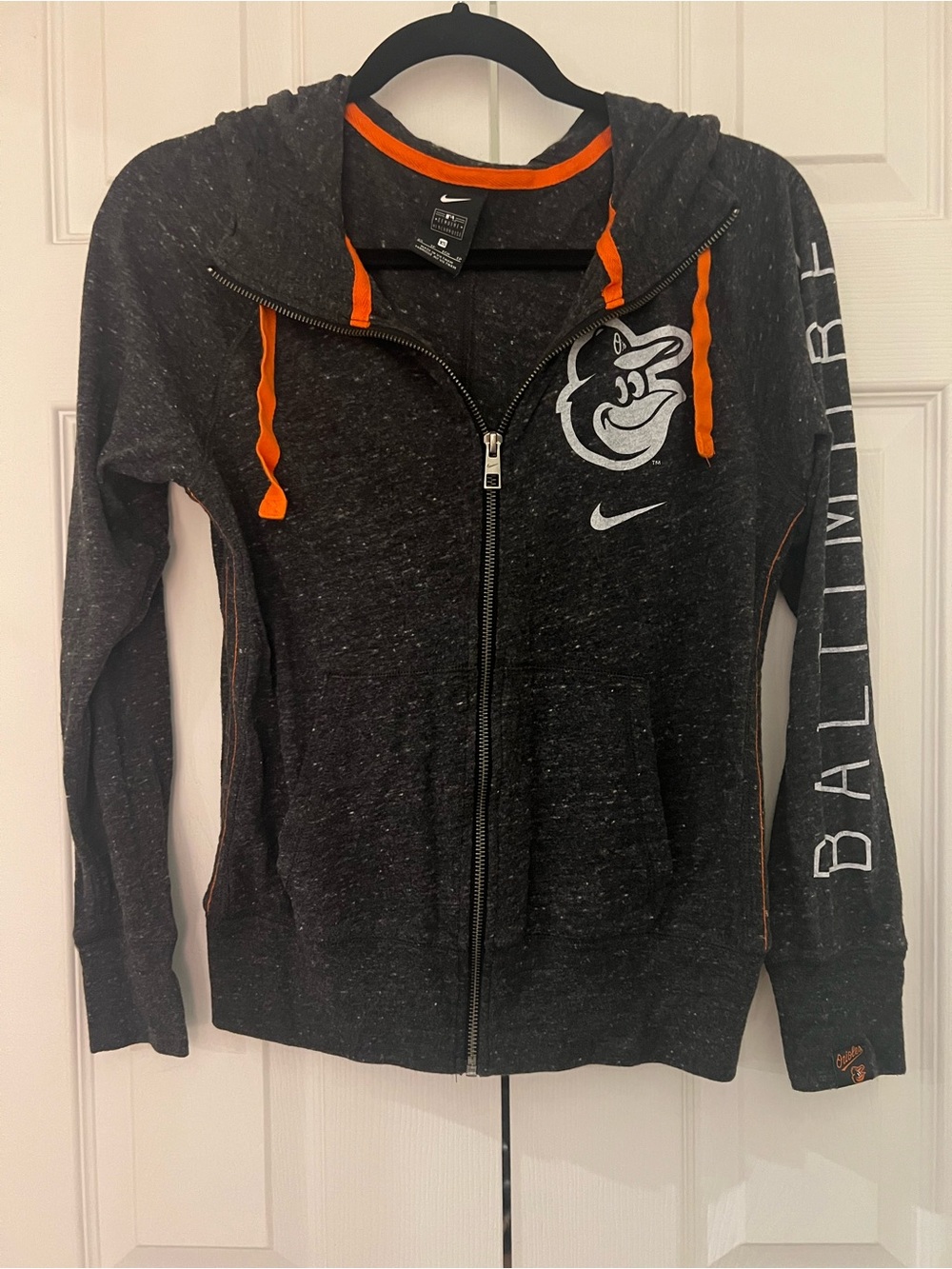 Nike Women's Black Heather Baltimore Orioles Zip Hoodie with Orange Accents